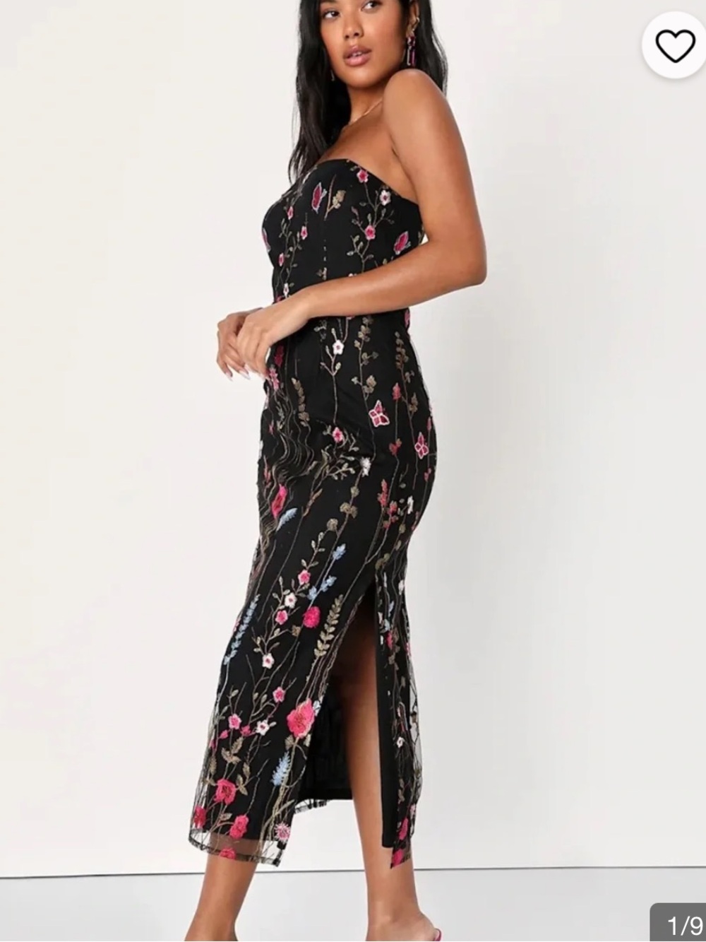 NWT LULUS Size Large SStrapless Floral Embroidered Midi Dress - Black with Pink